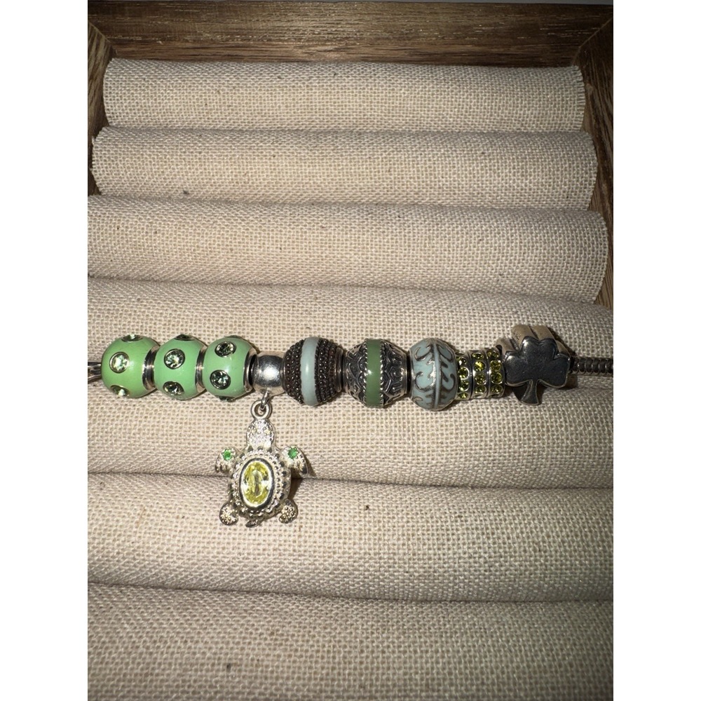 Lot of 11 Sterling Silver Charms Beads .925 Green Turtle Crystals Shamrock 21 g